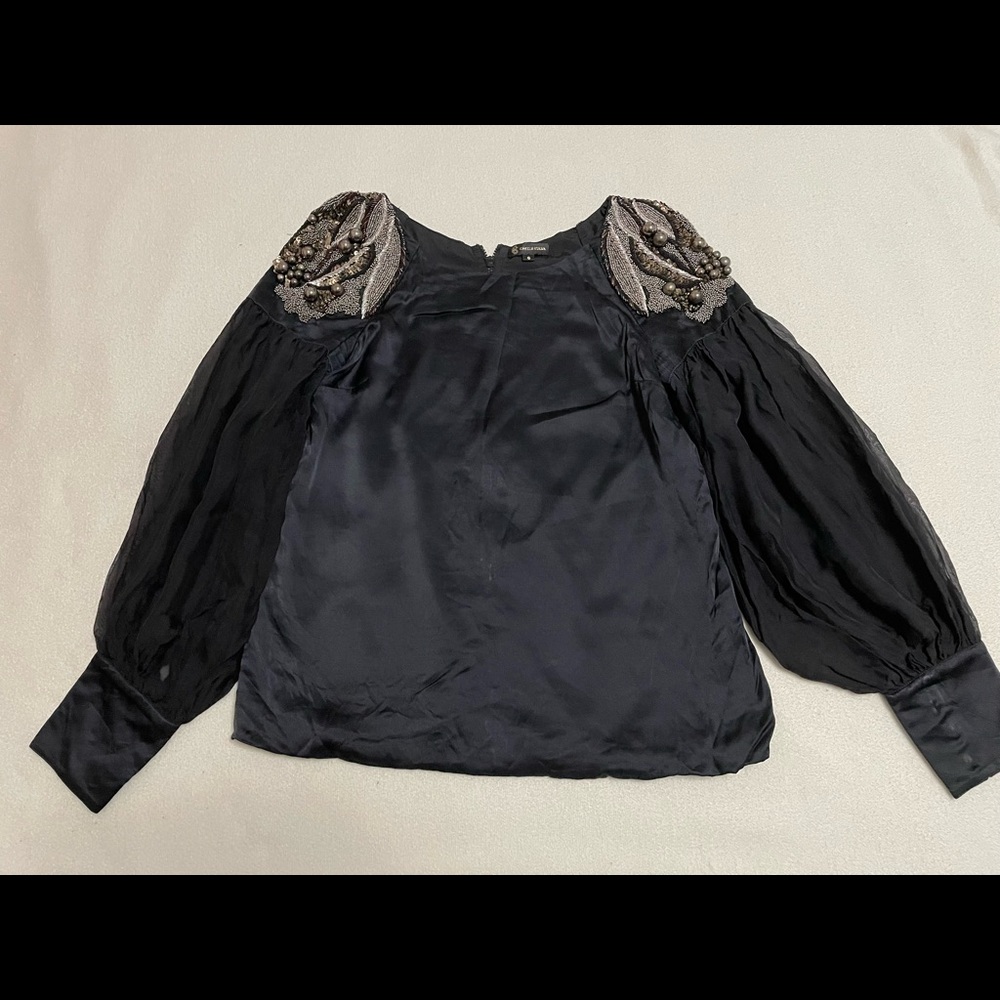 Castle Starr silk black blouse with large beaded shoulder details (size 6)